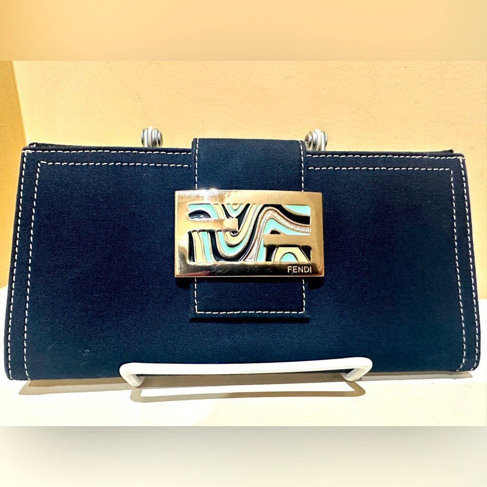 FENDI Bifold Wallet Canvas/Leather Navy Ladies